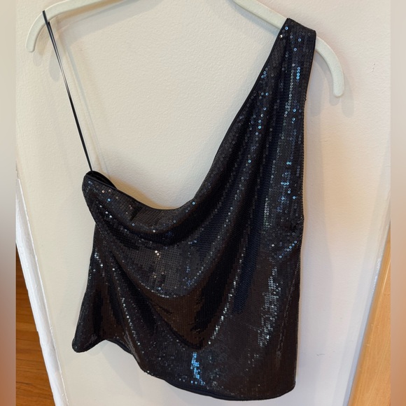 BR Sequin Top Black One Shoulder Banana Republic Stretch Side Zip NWT - Picture 4 of 9